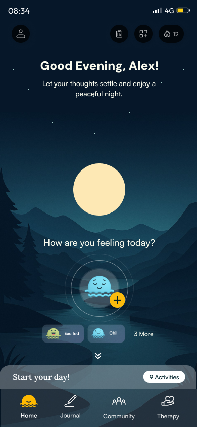 Mind Alcove home screen and daily check-in